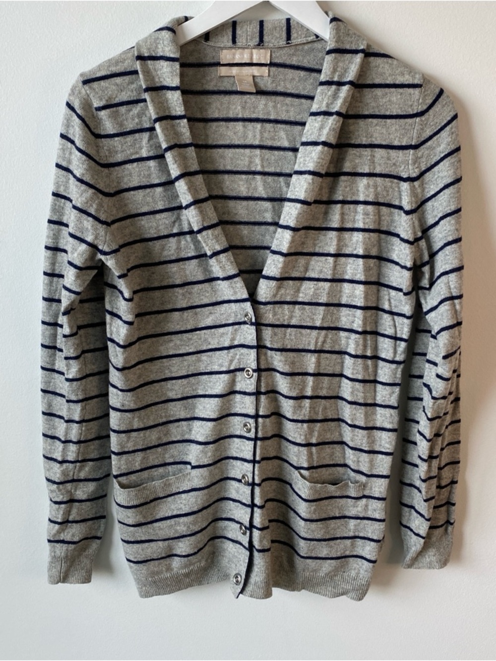Banana Republic Gray & Navy Striped V‑Neck Button Cardigan